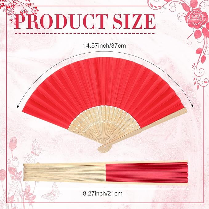 Yinkin 24 Pack Folding Fans Bamboo Handheld Folded Craft Hand Japanese Chinese Fans for Weddings Bridal Dancing Church DIY Decoration Women Gift Party Favors (Red)