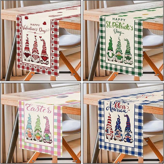 8 Pcs Gnomes Holiday Table Runner 72 Inches Long, Plaid Valentines Day St Patricks Day Easter 4th of July Halloween Thanksgiving Day New Year Christmas Burlap Table Decor for Home Farmhouse