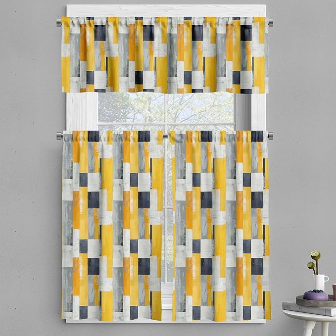 Ambesonne Retro Valance & Tier Curtain 3 pcs Set, Contemporary Abstract Geometric Tricolor Shapes Marker Art Paint Print, Window Treatments for Kitchen Room Decor, 55" x 30", Amber White Charcoal Grey