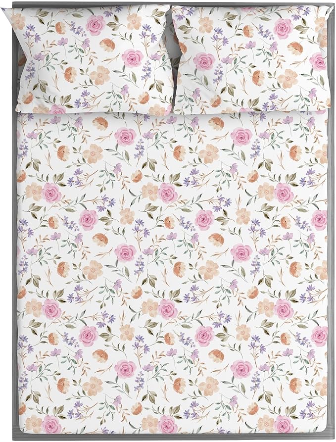 Kids Organic Viscose Derived from Bamboo Sheet Set | Twin or Full Size Fitted Bed Sheets | Oeko-Tex Certified | Cute Toddler Bedding for Girls & Boys Flower Full