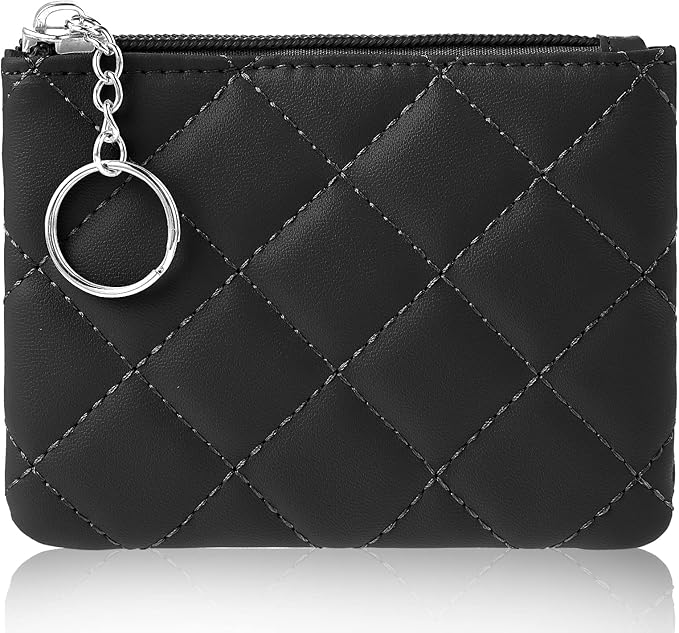 Real Leather Coin Purse with Rhombus Embroidery Zipper Keychain Mini Wallet for Women & Men (Black)