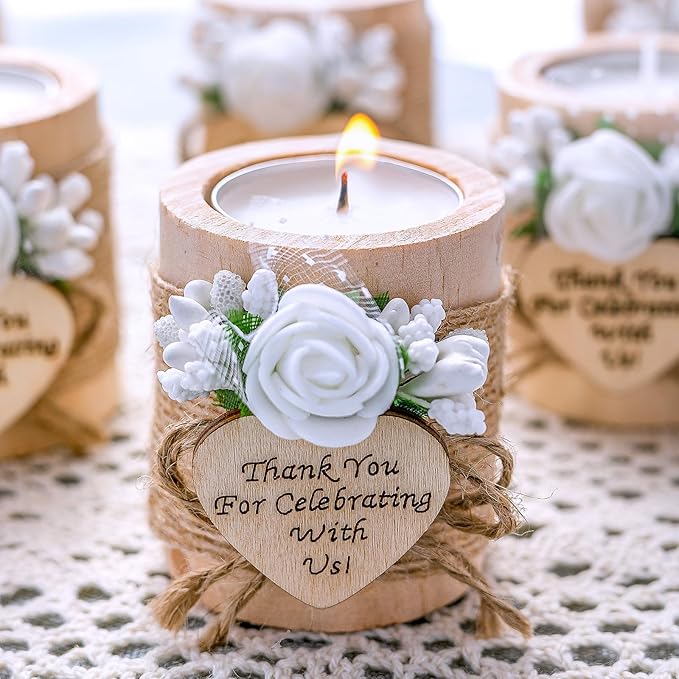 10 Piece Set of Wooden Tealight Candle Holders, Wedding Party Guest Favors, Thank You Favors, Return Gifts, Bridal Shower, Bithday Party , Housewarming Gifts for Guests. (Light Brown)