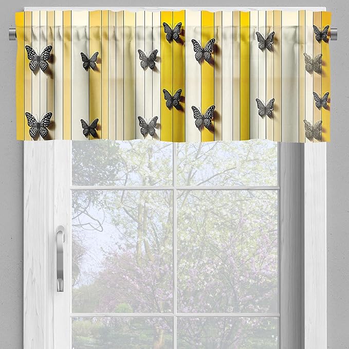 Ambesonne Summer Valance & Tier Curtain 3 pcs Set, Dotted Butterflies with Stripes and Blossoming Daisy Meadow Print, Window Treatments for Kitchen Room Decor, 55" x 45", Yellow Reseda Green and Beige