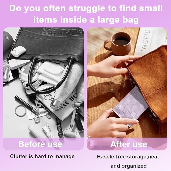 4PCS Small Makeup Bag for Purse, Mini Leather Pocket Cosmetic Bag for Women, Waterproof Portable Makeup Pouch No Zipper Coin Purse Lipstick Bag Accessories, Checkered Travel Storage Bag(White,Purple)