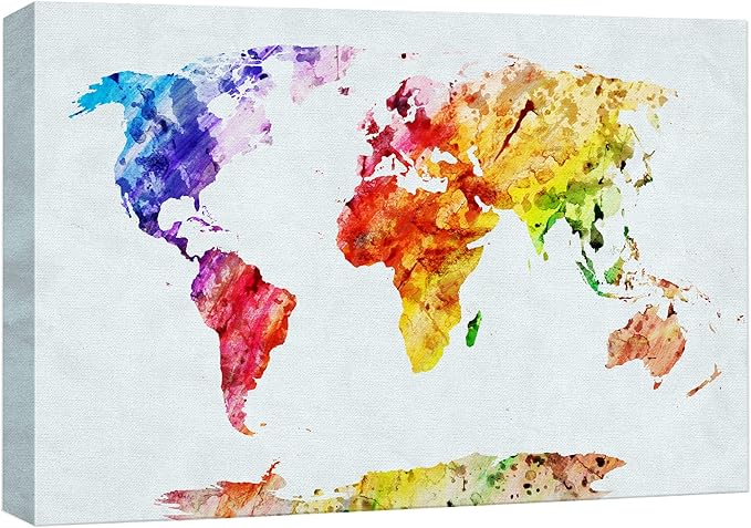 wall26 Canvas Print Wall Art Watercolor Style Rainbow Streak World Map Architecture & Maps Cultural Illustrations Modern Art Traditional Multicolor for Living Room, Bedroom, Office - 12"x18"