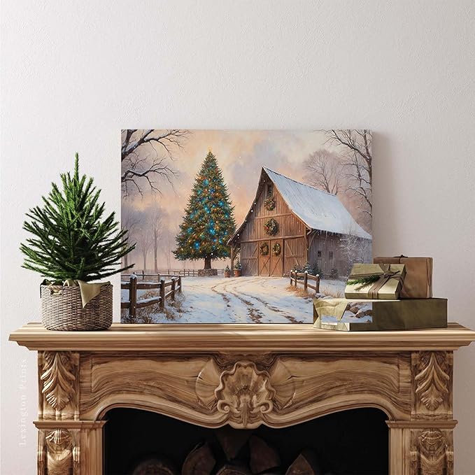 Vintage Sunset Winter Barn Print Country Farm Nature Scenery Decorative Painting Suitable for Home Decor Bathroom Bedroom Living Room Decor20x30in(50x75cm)- Unframed