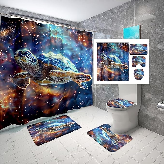 4 Pcs Turtle Shower Curtains for Bathroom Kids Shower Curtain Set Sea Turtle Shower Curtain for Room Turtle Bathroom Accessories with Rug,Toilet Cover and Bath Mat