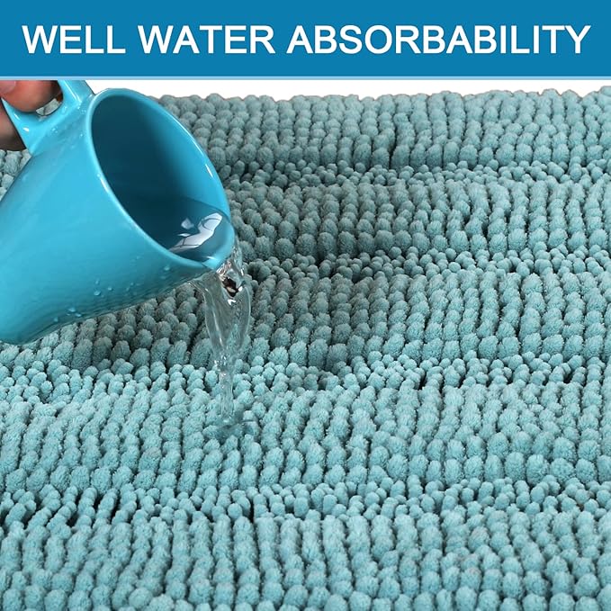 H.VERSAILTEX Bath Rugs for Bathroom Non Slip Bath Mats Extra Thick Chenille Striped Rug 20" x 32" Absorbent Non Skid Fluffy Soft Shaggy Washable Plush Mat for Indoor, Bath Room, Tub - Aqua Haze