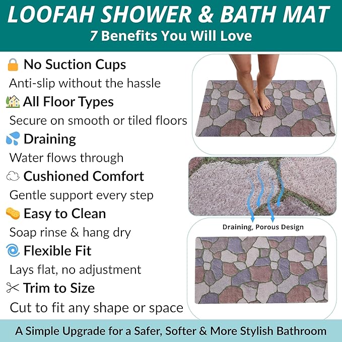 Anti Slip Shower Mat - Non Slip Shower Mats for Inside Shower - Large 47x24 Loofah Shower Floor Mat Non Slip - Bath Mat for Shower - Secure Mat Without Suction Cups (47x24 Stone Path)