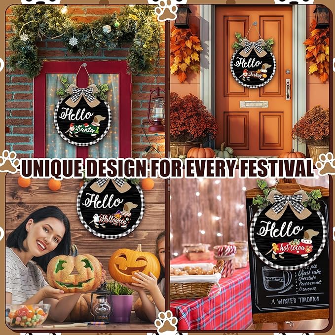 Glenmal 16 Pcs Seasonal Dachshund Door Decor for All Season and Holiday Hanging Cute Christmas Dachshund Welcome Sign Rustic Wooden Farmhouse Front Door Signs Outdoor(Black with Plaid Frame)