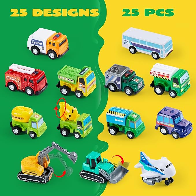 JOYIN 25 Pieces Pull Back Cars and Trucks Toy Vehicles Set for Toddlers, Girls and Boys Kids Play Set, Party Favors, School Gifts, Goodie Bags Stuffers for Kids, Christmas Birthday Gifts