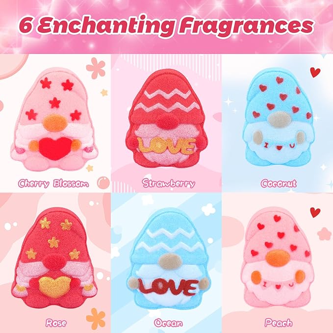 Valentines Bath Bombs for Women, 6PCS Valentines Gnomes Heart Bath Bombs Gift Set Essential Oil Bubble Bath，Body Relaxation Box for Her Wife Mom Friend, Stocking Stuffers