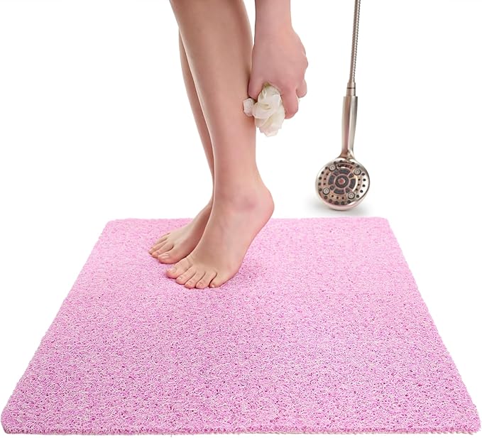 Enkosi Loofah Shower Mat Non-Slip - Anti-Slip Bath Mat for Inside Showers, Tub, Bathtub, Bathroom - Quick Dry PVC with Drain Holes - Cushioned Safety Grip - Secure for Kids and Elderly (Pink 24x24)