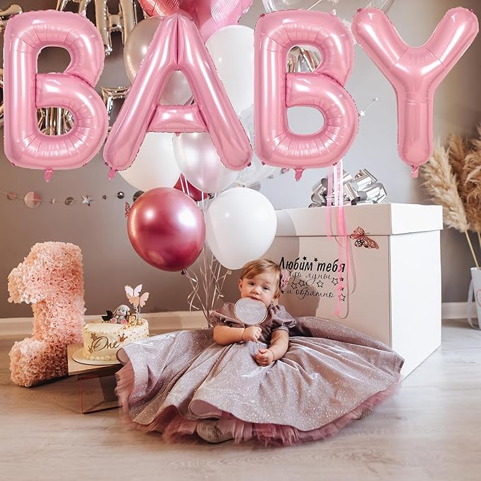 40 Inch Pastel BABY Balloon for Girls Baby Shower, Large Light Pink Foil Balloons Letters, Pearl Pink Mylar Alphabet Balloon Banner Sign for Gender Reveal Backdrop Party Decorations