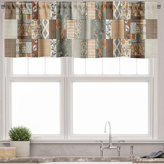 Ambesonne Cottagecore Window Valance Pack of 2, Modern Maximalist Design of Leaves and Plaid Stripes Farmhouse Themed, Rod Pocket Curtain Valances Kitchen Bedroom, 42" X 18",Taupe Grey Teal Orange