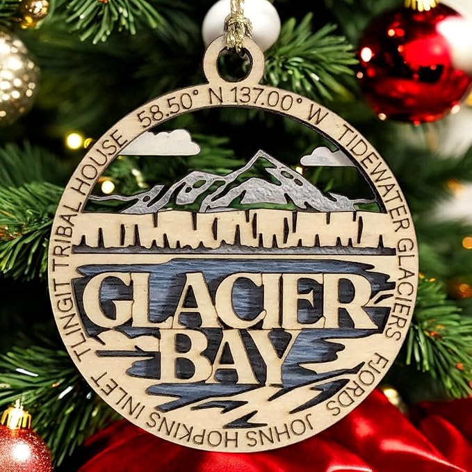 Glacier Bay National Park Scene showcasing Glacier Bay's Tidewater Glaciers & Fjords - 2-Layer Wood Ornament, 3" Round, Laser Cut, Made in USA