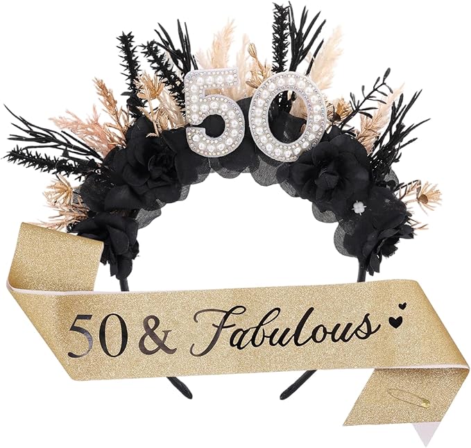 Flower Black Birthday Headband - Dark Happy Birthday Crown and Sash Set for Women Fabulous Party Accessories