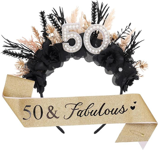 Flower Black Birthday Headband - Dark Happy Birthday Crown and Sash Set for Women Fabulous Party Accessories
