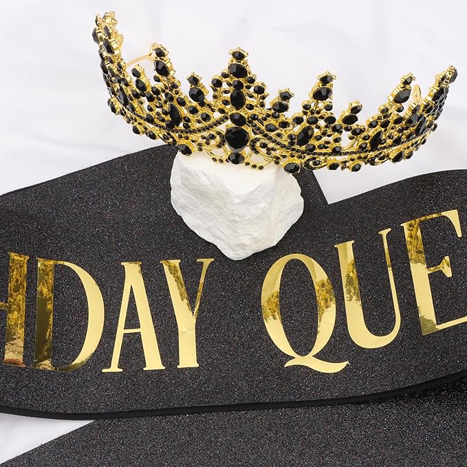 COCIDE Black Birthday Sash and Crown for Women - Crystal Tiaras Decorations for Girl,Glitter Rhinestone Gifts Headband Sashes Decor,Coronas for Queen,Happy Birthday Accessories Party Favors