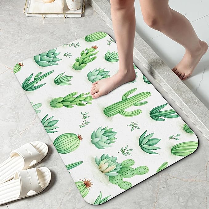 Cactus Succulent Bathroom Mat, Non-Slip Rubber Backing Thin Low-Profile Bath Rug, Easy-Clean Bathroom Floor Mat for Shower, Bathtub, Kitchen, or Entryway