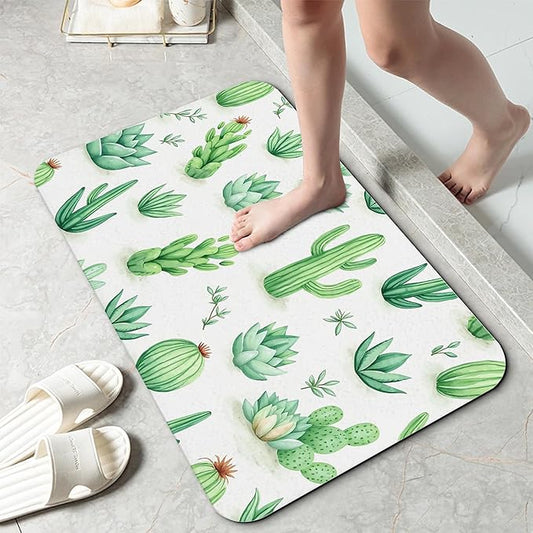 Cactus Succulent Bathroom Mat, Non-Slip Rubber Backing Thin Low-Profile Bath Rug, Easy-Clean Bathroom Floor Mat for Shower, Bathtub, Kitchen, or Entryway