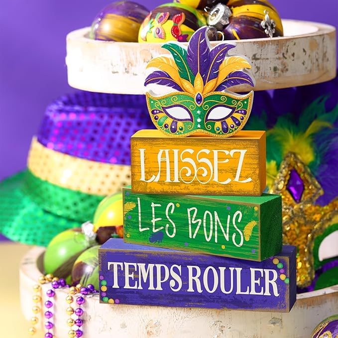 4 Pcs Mardi Gras Wooden Tabletop Decor Tiered Tray Decor Centerpiece Rustic Decorative Block Signs Gift Farmhouse Table Decoration for Home Kitchen