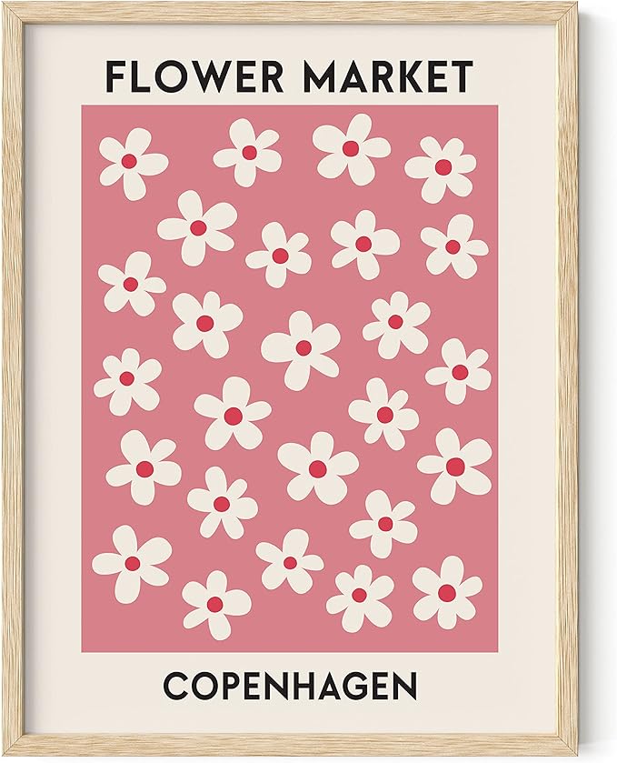 HAUS AND HUES Flower Market Poster, Danish Pastel Wall Art, Pink Aesthetic Decor, Pastel Floral Print (Beige Framed, 12x16)