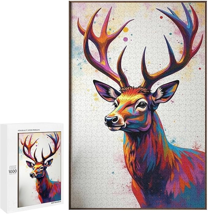 Wooden Puzzles 1000 Piece，Color Abstract Deer Painting Themed Jigsaw Puzzles，Challenge Puzzles，Educational Games，Family Puzzles，Unique Gifts for Wall Art，Funny Puzzles，Stress Relief Games