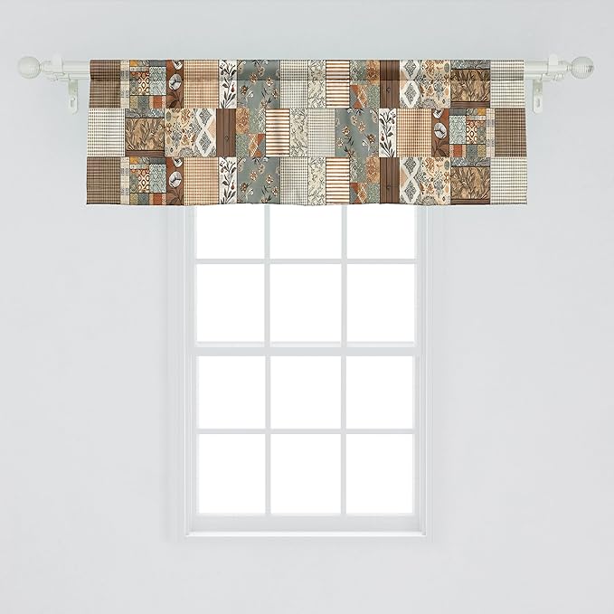 Ambesonne Cottagecore Window Valance, Modern Maximalist Design of Leaves Plaid Stripes Farmhouse Themed, Curtain Valance for Kitchen Bedroom Decor with Rod Pocket, 42" x 18", Taupe Grey Teal Orange
