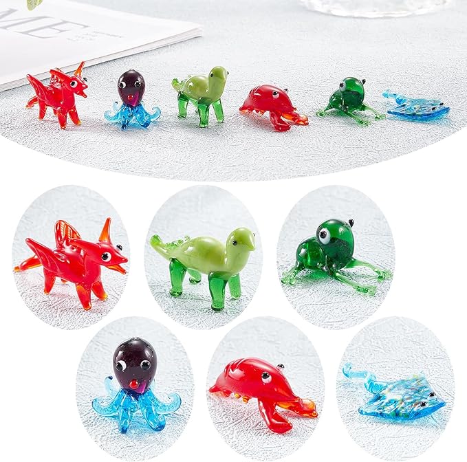 6Pcs Hand Blown Glass Animal Figurines Sea Mini Glass Animal Figurines for Home Desk Garden Collectibles Ornament Art Miniature Decor