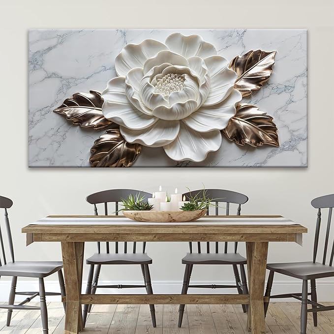 Suconvng Canvas Wall Art Living Room Home Wall Decor Modern White Flower Canvas Art Wall Decor 29 X 58 Inches Large Wall Art Elegant Marble Texture Picture For Bedroom Office Artwork