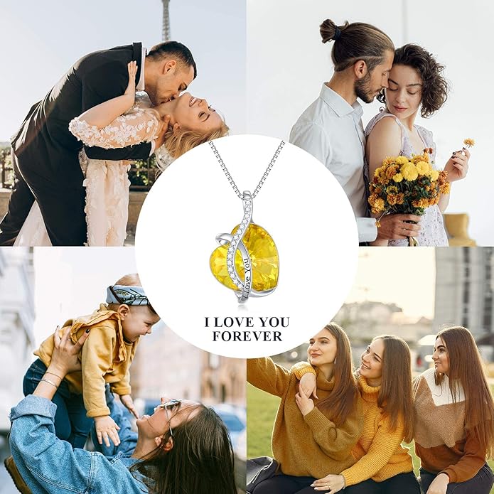 AOBOCO I Love You Sterling Silver 12 Birthstone Heart Pendant Necklace Embellished with Crystals from Austria, Mother's Day Anniversary Birthday Jewelry Christmas Gifts for Women Grandma Nana