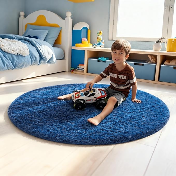 Ophanie Round Rug 4Ft Blue Circle Area Rug, Boys Room Decor, Fluffy Fuzzy Bedroom Carpet, Plush Soft Shaggy Living Room Rugs for Kids Home Decor Aesthetic, Nursery