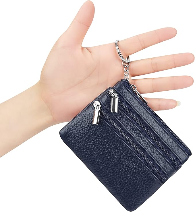 Women's Genuine Leather Coin Purse Mini Pouch Change Wallet with Keychain