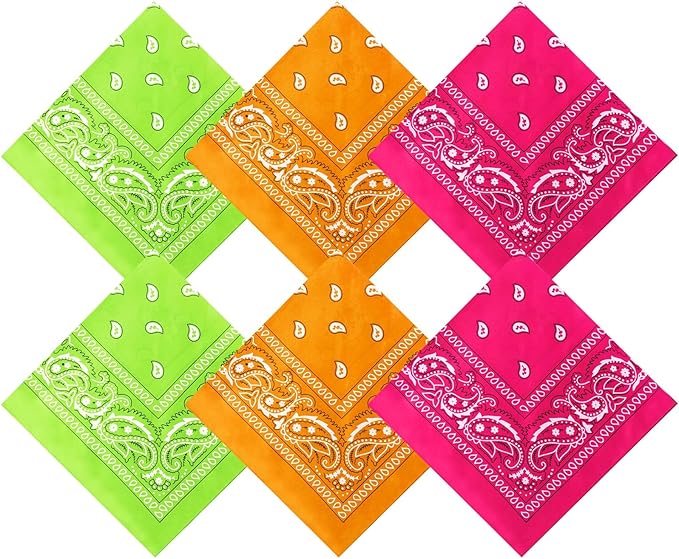Blulu 6 Pcs Neon Color Cowboy Bandanas for Men Women Assorted Paisley Pattern Handkerchiefs 22 x 22 Inch Kids Headwrap Scarfs