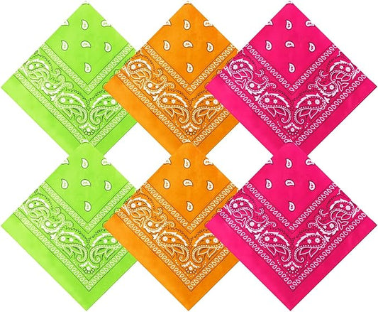 Blulu 6 Pcs Neon Color Cowboy Bandanas for Men Women Assorted Paisley Pattern Handkerchiefs 22 x 22 Inch Kids Headwrap Scarfs