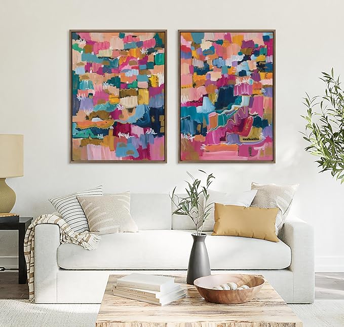 Kate and Laurel Sylvie Applause Framed Canvas Wall Art Set by Leah Nadeau; 2 Piece Set 28x38 Gold; Colorful Abstract Art Set for Wall
