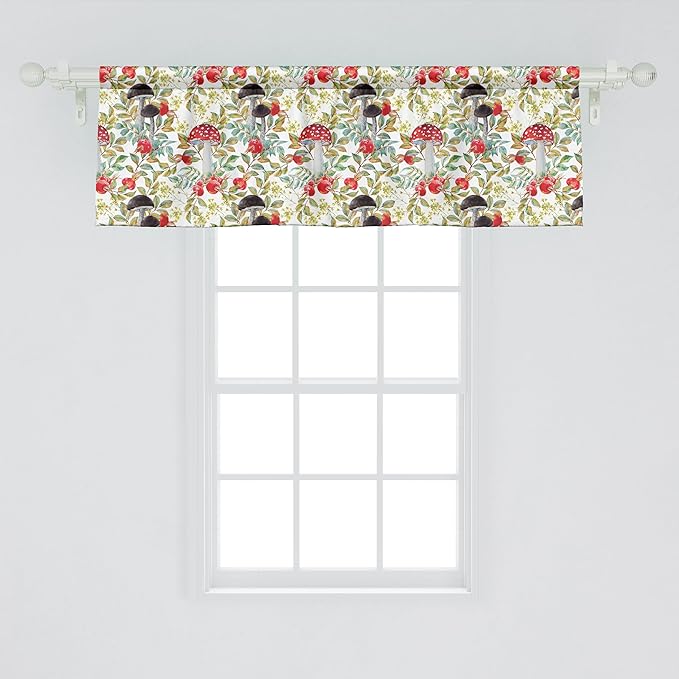 Ambesonne Watercolor Window Valance, Hand Drawn Dogrose and Mushrooms Autumn Leaves Berries Amantias Nature Inspired, Curtain Valance for Kitchen Bedroom Decor with Rod Pocket, 54" X 18", Red Green
