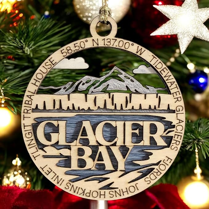 Glacier Bay National Park Scene showcasing Glacier Bay's Tidewater Glaciers & Fjords - 2-Layer Wood Ornament, 3" Round, Laser Cut, Made in USA