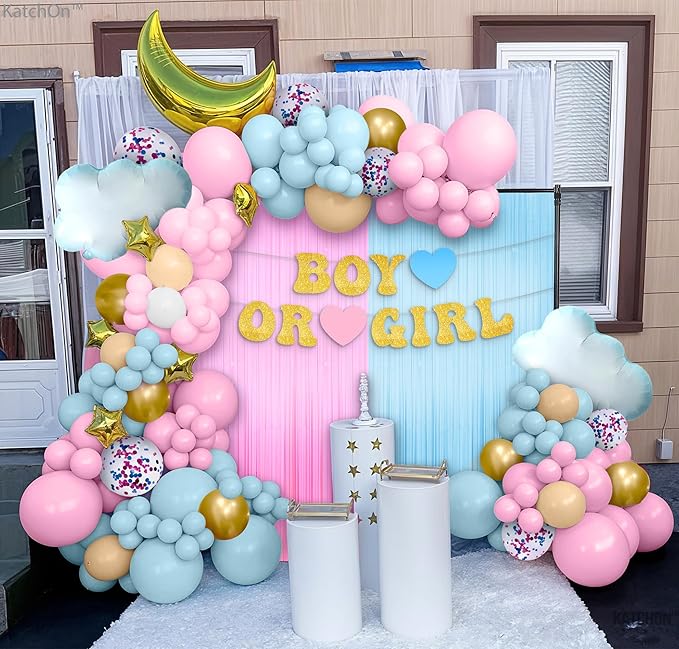 KatchOn, Gender Reveal Decorations Set - Huge, Pack of 85 | Gender Reveal Balloon Arch Kit | Pink and Blue Streamers | Boy or Girl Baby Shower Decorations | Boy Or Girl Banner, White Cloud Balloons
