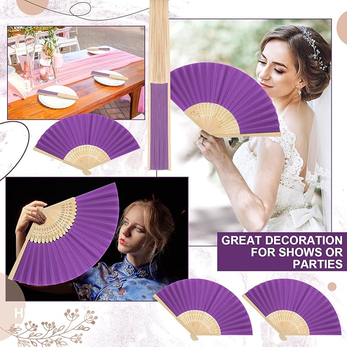 Yinkin 24 Pack Folding Fans Bamboo Handheld Folded Craft Hand Japanese Chinese Fans for Weddings Bridal Dancing Church DIY Decoration Women Gift Party Favors (Purple)