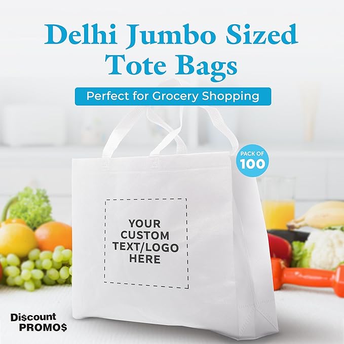DISCOUNT PROMOS Custom Jumbo Sized Tote Bags Set of 100, Personalized Bulk Pack - Reusable Grocery Bags, Shopping Bags, Promotional Item Totes for Women - White