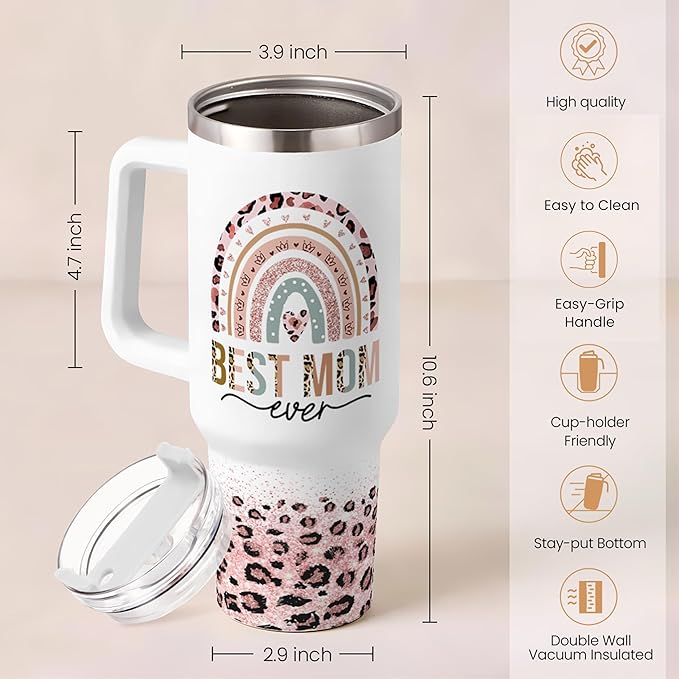 Mom Gifts for Women Mom Nutrition Facts Tumbler Stainless Steel 40oz with Handle Insulated Travel Cup Best Mom Ever Coffee Cup, Mother's Day Christmas Birthday Gifts from Son Daughter
