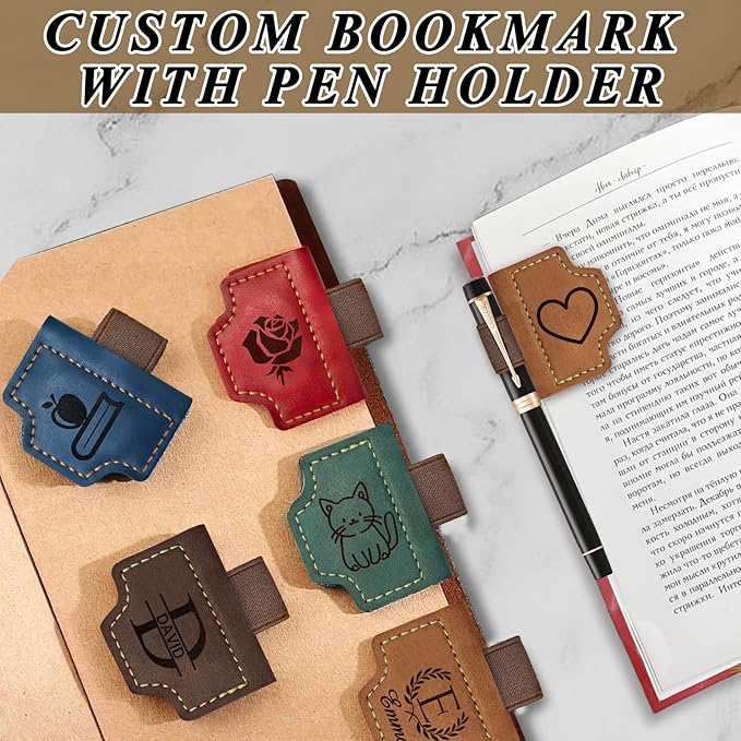 Personalized Magnetic Leather Bookmark with Pen Holder Custom Book Mark with Name Initial Logo Engraved Book Markers for Reading with Pencil Clip Gifts for Book Lovers Women Men Kids