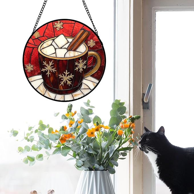 Stained Glass Window Hanging 4 Pcs Set Red Christmas Themed Decorations Large 11.8" - Suncatcher Door Garden Sun Catcher Decor Birthday New Year for Mom Woman Nana Men