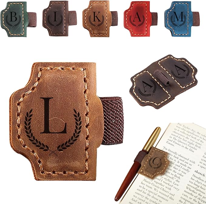 Magnetic Bookmarks with Pen Holder, 26 Letters Name Initia Personalized Leather Book Mark, Gifts for Book Lovers Readers Teacher Women Men