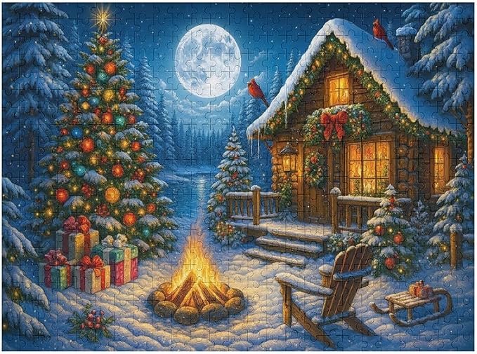 Christmas Tree with Moon 500-Piece Wooden Jigsaw Puzzle, Festive Holiday Puzzle, Nighttime Christmas Tree Scene, Cozy Indoor Fun, Family Entertainment, Mindful Leisure Activity
