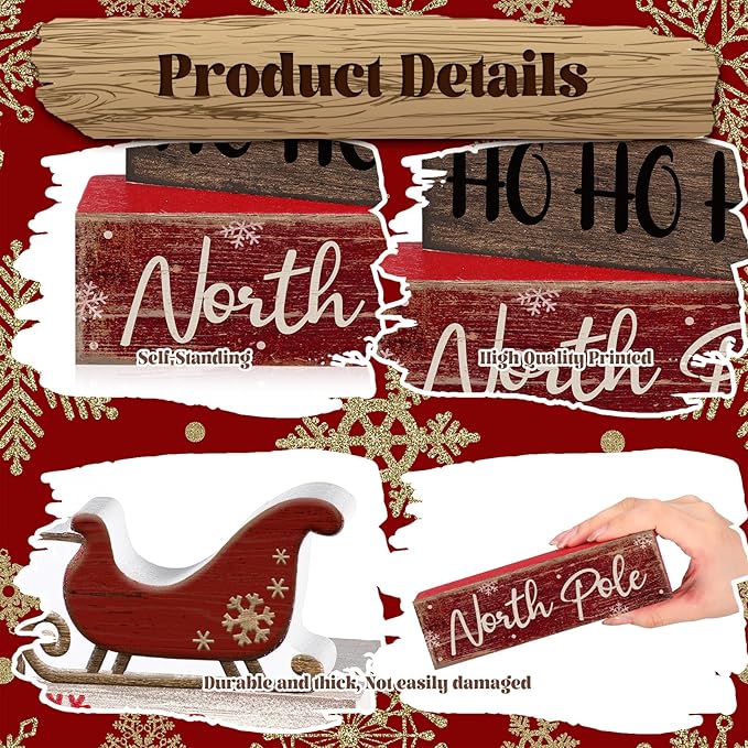 4 Pcs Reindeer Christmas Table Decor Wooden Reindeer Christmas Tiered Tray Decor Xmas Centerpiece Decorative Red Deer Pulled Sleigh Block Signs Gift Farmhouse Xmas Decoration for Home Kitchen