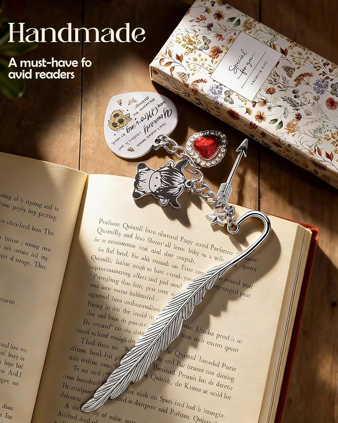 Buleens Bookmarks for Women Reading - Book Marks for Readers Book Lovers, Feather Highland Cow Farm Personalized Metal Bookmark with Pendants, Pretty and Aesthetic Book Accessories Reading Gifts