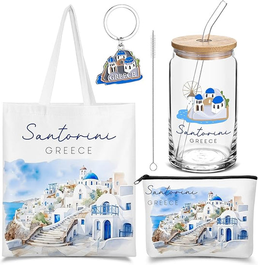 Chuangdi 4 Pcs Greece Souvenirs Gifts Set Canvas Bag Cosmetic Bag 16 oz Tumbler and Keychain Greece City Travel Gifts for Friend Lover Sister Traveler